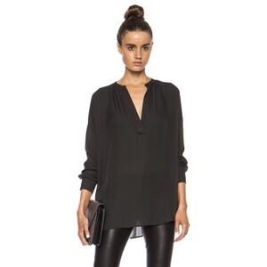 VINCE Women’s Silk V-Neck Long Sleeve Popover Blouse in Black-Size Medium